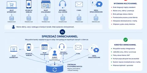 Omnichannel co to? Porównanie sprzedaży multichannnel (niezależne kanały) i omnichannel (zintegrowane kanały) dla spójnego doświadczenia klienta.