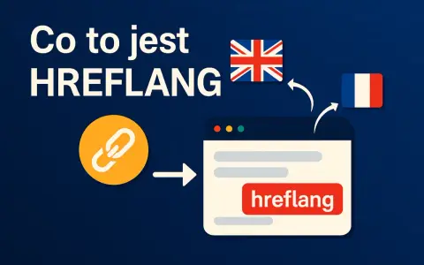 Co to jest HREFLANG? Ikona łącza prowadzi do okna przeglądarki z tekstem "hreflang". Flagi UK i Francji sugerują tłumaczenie.
