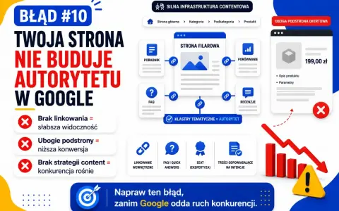 Błąd #10: Twoja strona nie buduje autorytetu w Google. Brak linkowania, ubogie podstrony i brak strategii content to problemy. Paginacja co to? To klucz do budowania autorytetu.