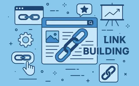 Grafika ilustruje strategię link buildingu: ikony linków, wyszukiwarki, wykresów i narzędzi SEO.