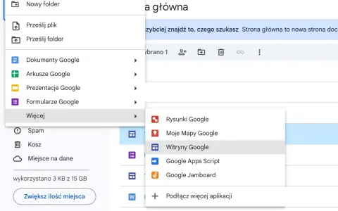 Tworzenie witryny Google jest łatwe. Menu pokazuje opcje, w tym "Witryny Google", do tworzenia stron.
