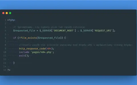 Kod PHP sprawdzający istnienie pliku. Jeśli plik nie istnieje, zwraca kod błędu 404 i włącza stronę błędu.