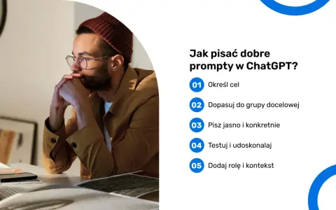 Mężczyzna zamyślony nad ekranem komputera, uczy się tworzyć skuteczne prompty do ChatGPT.