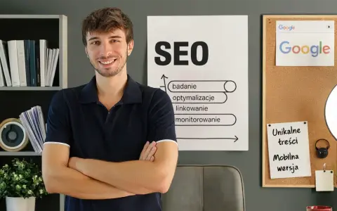Uśmiechnięty mężczyzna prezentuje podstawy SEO: badanie, optymalizacje, linkowanie, monitorowanie. Na tablicy korkowej logo Google i notatki.