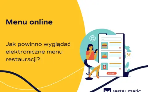 Grafika pokazuje, jak dodać menu na FB. Kobieta przegląda elektroniczne menu restauracji na telefonie.