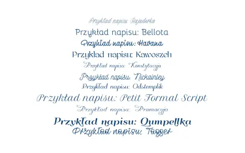 Przykłady napisów w różnych stylach, pokazujące darmowe fonty z polskimi znakami.