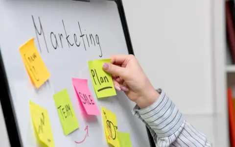 Ręka dodaje karteczkę z napisem "Plan" do tablicy z hasłem "Marketing". To przykład, jak crowdsourcing co to może pomóc w tworzeniu strategii.