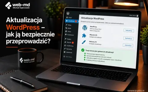 Laptop z panelem aktualizacji WordPress. Poradnik "Aktualizacja WordPress – jak ją bezpiecznie przeprowadzić?" na ekranie.