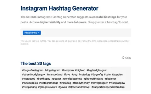 Generator hashtagów na Insta. Sugeruje popularne hashtagi, np. #dogfriendly, #dogsofinstagram, #cute. Pomaga zwiększyć zasięg postów.