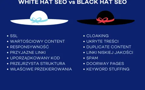 Grafika porównuje White Hat SEO (biały kapelusz) z technikami black hat seo (czarny kapelusz), takimi jak cloaking i spam.