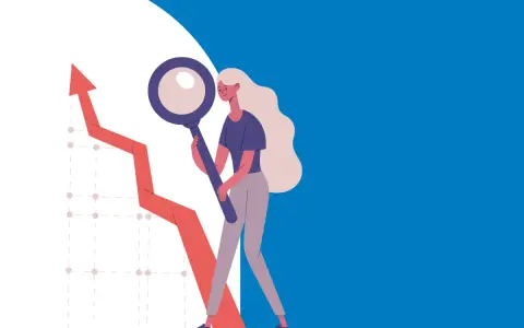 Kobieta z lupą analizuje wykres wzrostu. To ilustracja pokazująca, czym jest benchmarking i jak pomaga w analizie danych.