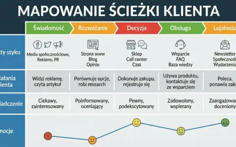 Mapa ścieżki klienta: od świadomości po lojalność, pokazująca punkty styku, działania, doświadczenia i emocje. Kluczowe dla badania potrzeb klienta.