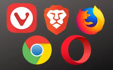 Ikony popularnych przeglądarek internetowych: Vivaldi, Brave, Firefox, Chrome i Opera.