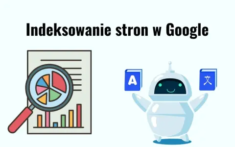 Grafika ilustruje indeksowanie stron w Google. Widoczny robot trzyma książki z literą "A" i chińskim znakiem. Obok wykresy i lupa.