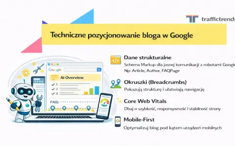 Grafika przedstawia kluczowe elementy technicznego pozycjonowania bloga w Google: dane strukturalne, okruszki, Core Web Vitals i mobile-first.