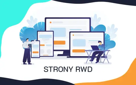 Ilustracja pokazuje projektowanie stron RWD. Widzimy ekrany różnych urządzeń i ludzi pracujących nad nimi.