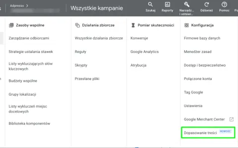 Panel Google Ads z opcją "Dopasowanie treści" jako nowością.