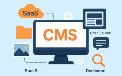 Grafika wyjaśnia, cms co to: systemy SaaS, Open Source i Dedicated. Komputer z napisem CMS w centrum.
