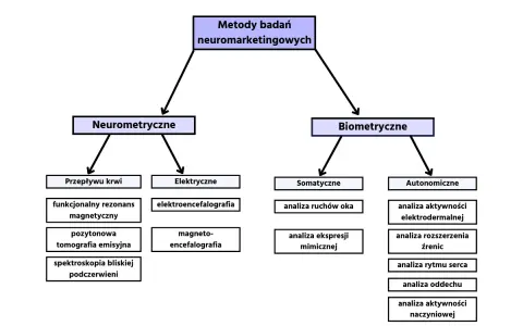 Schemat przedstawia metody badań neuromarketingowych: neurometryczne (przepływ krwi, elektryczne) i biometryczne (somatyczne, autonomiczne).