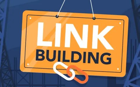 Tablica z napisem "LINK BUILDING" i symbolem łańcucha. Kluczowy element strategii seo backlink.
