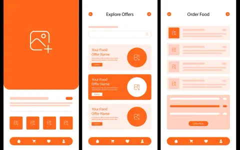 Projekt aplikacji mobilnej z pomarańczowymi elementami, prezentujący ekrany "Explore Offers" i "Order Food". Dobry ux design ułatwia przeglądanie ofert.