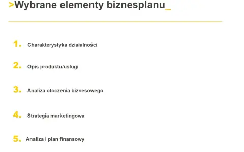 Kluczowe elementy biznesplanu: charakterystyka działalności, opis produktu/usługi, analiza otoczenia, strategia marketingowa i analiza finansowa.