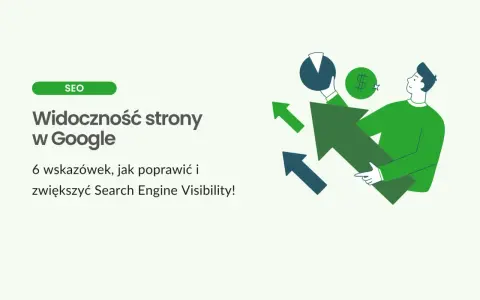 Grafika ilustruje wzrost widoczności strony w Google dzięki optymalizacji SEO. Mężczyzna trzyma wykres i strzałki wskazujące na sukces, co odzwierciedla działanie algorytmu Google.