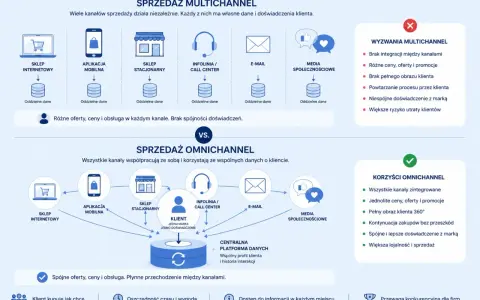 Omnichannel co to? Porównanie sprzedaży multichannnel (niezależne kanały) i omnichannel (zintegrowane kanały) dla spójnego doświadczenia klienta.