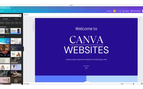 Interfejs edytora **Canva strona internetowa** z widokiem szablonów i ekranem powitalnym "Welcome to Canva Websites".