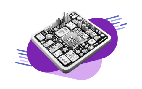 Złożony panel z ikonami i napisem "UX Audit" symbolizuje kompleksową analizę web usability.