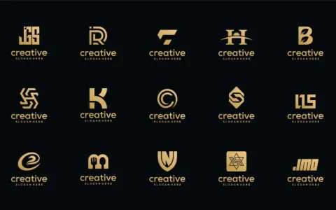 Złote, nowoczesne logo na czarnym tle. Kolekcja zawiera różne projekty, od liter po abstrakcyjne kształty, wszystkie z napisem "creative".