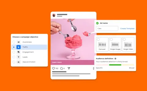 Tworzenie kampanii reklamowej: wybór celu "Traffic", nazwa "Cats", format "Single Image". To klucz do skutecznego marketing doświadczeń.