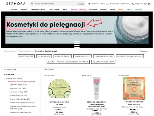 Nagłówek h1: Kosmetyki do pielęgnacji. Odkryj pełną gamę produktów do kompleksowej troski o Twoją skórę na Sephora.pl.