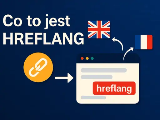 Co to jest HREFLANG? Ikona łącza prowadzi do okna przeglądarki z tekstem "hreflang". Flagi UK i Francji sugerują tłumaczenie.