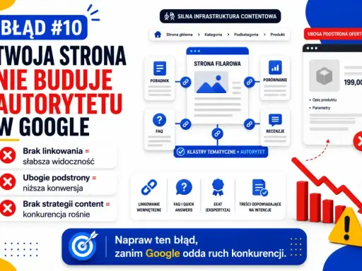 Błąd #10: Twoja strona nie buduje autorytetu w Google. Brak linkowania, ubogie podstrony i brak strategii content to problemy. Paginacja co to? To klucz do budowania autorytetu.