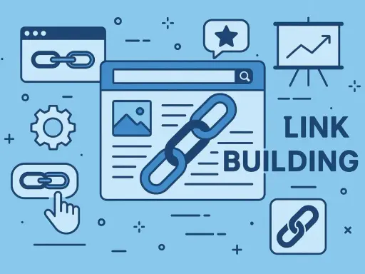 Grafika ilustruje strategię link buildingu: ikony linków, wyszukiwarki, wykresów i narzędzi SEO.