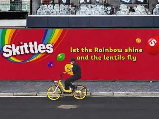 Skittles reklama: mężczyzna na rowerze pod tęczowym logo, latające cukierki. "Niech tęcza świeci, a soczewki latają".