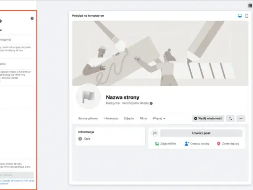 Tworzenie strony na FB: wpisz nazwę, kategorię i opis. Po utworzeniu strony możesz ją udostępnić.
