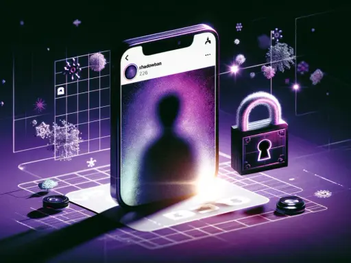 Telefon z profilem "shadowban" i kłódka symbolizują ukryte ograniczenia w mediach społecznościowych.