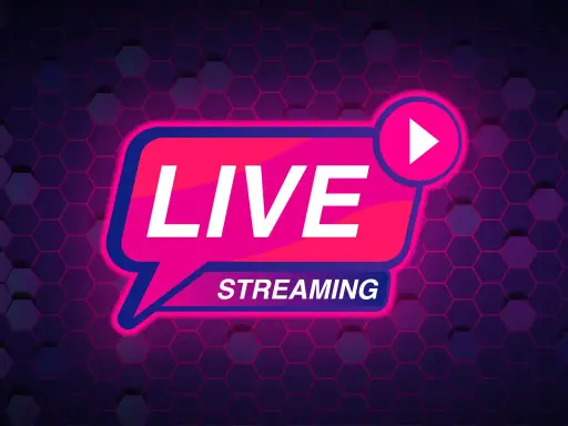 Neonowy napis LIVE STREAMING z ikoną play na tle heksagonalnej siatki. To jest to, co oznacza live streaming.