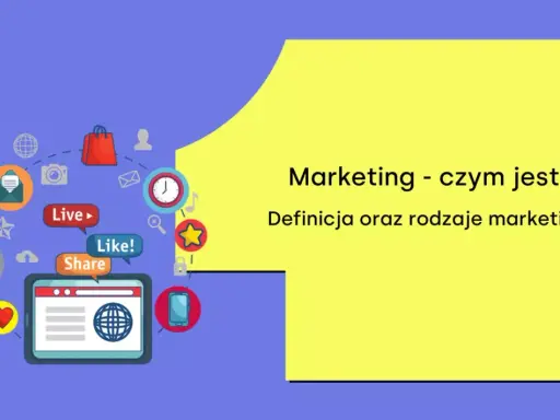 Grafika przedstawia ikony związane z marketingiem: koszyk, lupę, serce, tablet z globusem, telefony, kopertę, zegar. Tekst: "Marketing - czym jest? Definicja oraz rodzaje marketingu".