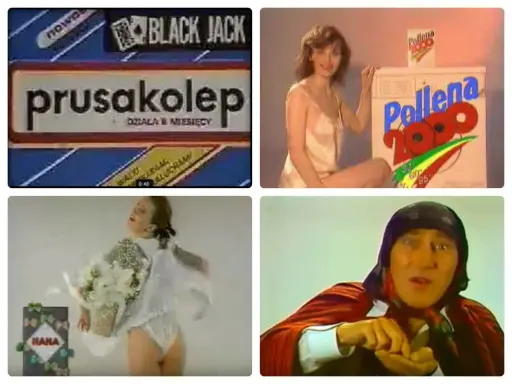 Kolaż reklam: "Prusakolep" - pierwsza reklama w Polsce, kobieta z proszkiem Pollena 2000, reklama podpasek Nana, mężczyzna w stroju ludowym.