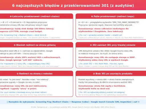 Błędy z przekierowaniami 301: łańcuchy, pętle, blanket redirect, 302 zamiast 301, redirect z noindex, brak 301 po usunięciu produktu.