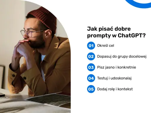 Mężczyzna zamyślony nad ekranem komputera, uczy się tworzyć skuteczne prompty do ChatGPT.