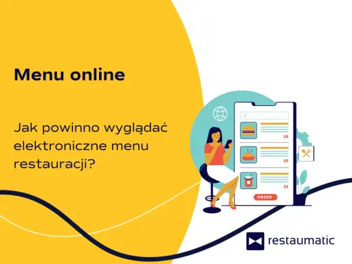 Grafika pokazuje, jak dodać menu na FB. Kobieta przegląda elektroniczne menu restauracji na telefonie.