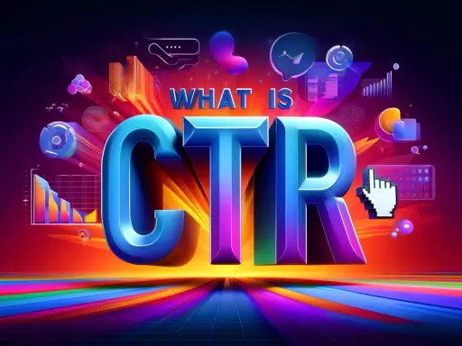 Co to CTR? Wielkie, błyszczące litery CTR na tle wykresów, ikon i kolorowych pasów. Wskaźnik myszy sugeruje kliknięcie.