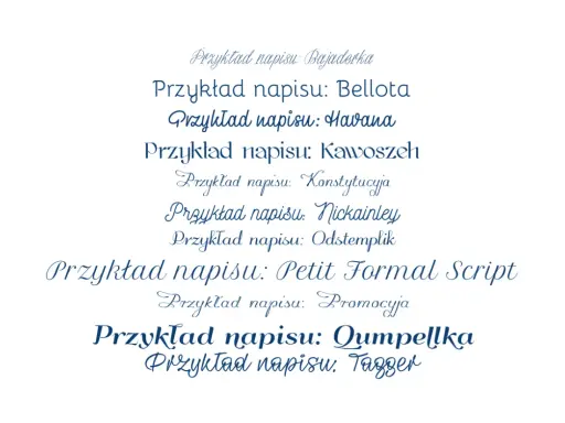 Przykłady napisów w różnych stylach, pokazujące darmowe fonty z polskimi znakami.