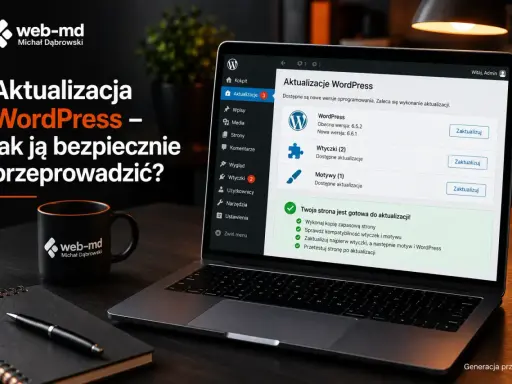Laptop z panelem aktualizacji WordPress. Poradnik "Aktualizacja WordPress – jak ją bezpiecznie przeprowadzić?" na ekranie.