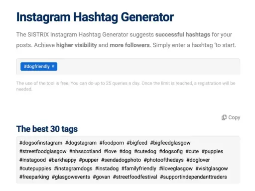 Generator hashtagów na Insta. Sugeruje popularne hashtagi, np. #dogfriendly, #dogsofinstagram, #cute. Pomaga zwiększyć zasięg postów.