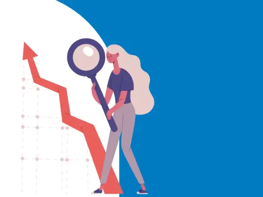 Kobieta z lupą analizuje wykres wzrostu. To ilustracja pokazująca, czym jest benchmarking i jak pomaga w analizie danych.